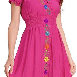 Women’s Mexican Embroidered Dress Rayon Floral V-Neck Ruffle Smocked